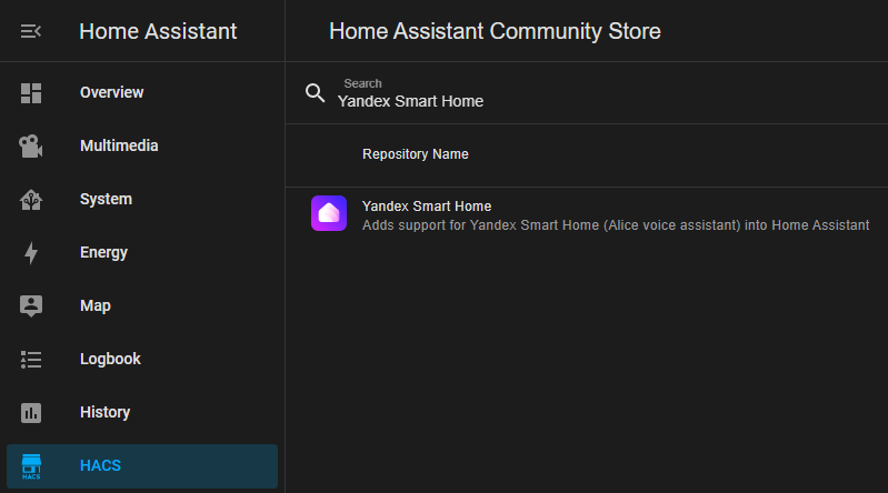 home assistant hacs serach integration yandex smart home