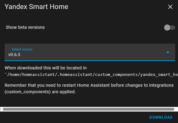 home assistant hacs yandex smart home integration select version