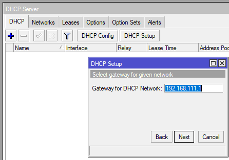 настройка mikrotik dhcp server setup set gateway