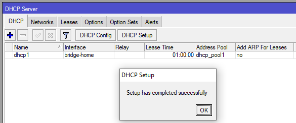 настройка mikrotik dhcp server setup complete