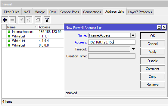 mikrotik firewall address list allow internet
