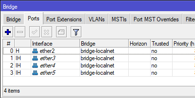 mikrotik listing ports in bridge