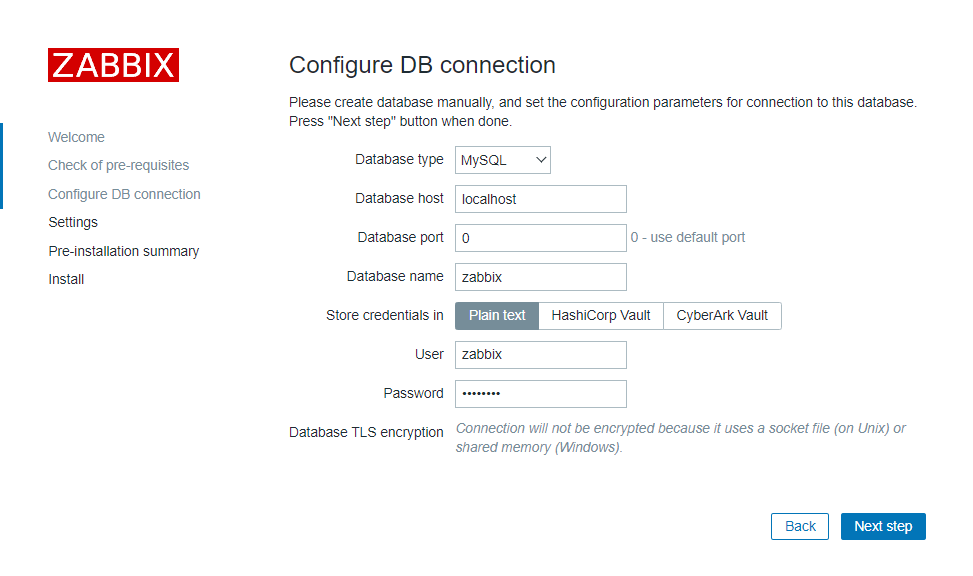zabbix server frontend setup database configure connection